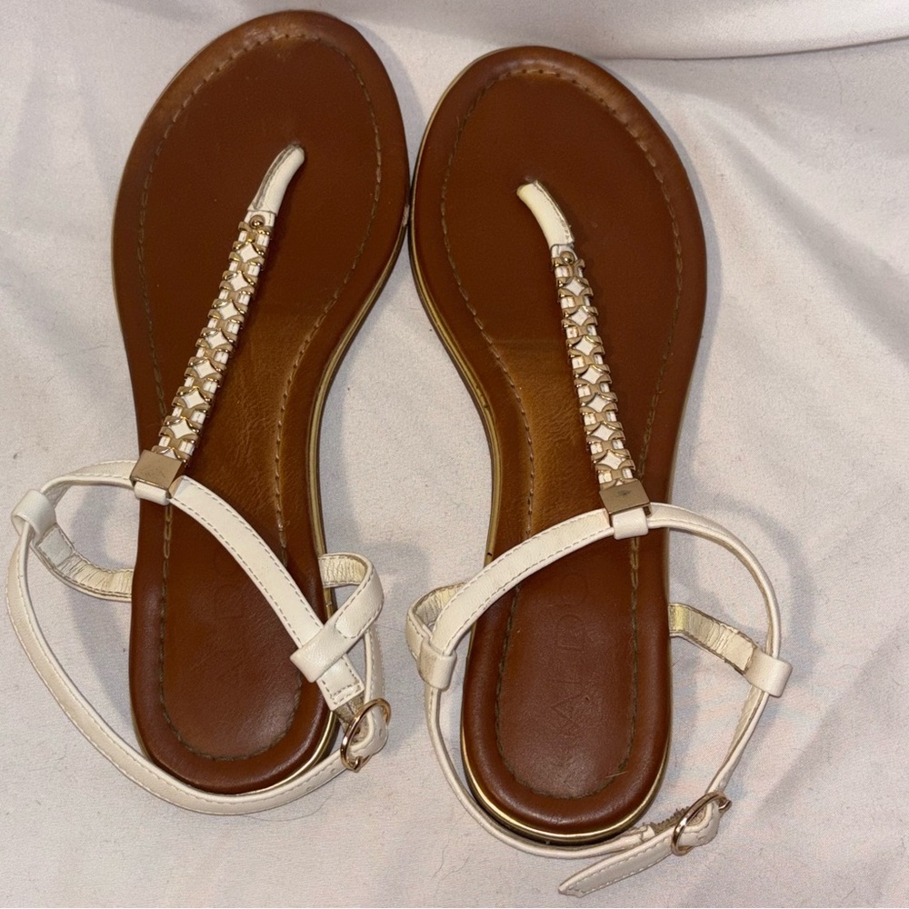 Aldo White and Brown Flat Sandals with Braided Straps